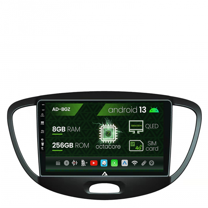 Navigatie Hyundai I10 (2007-2013), Android 13, Z-Octacore 8GB RAM + 256GB ROM, 9 Inch - AD-BGZ9008+AD-BGRKIT198