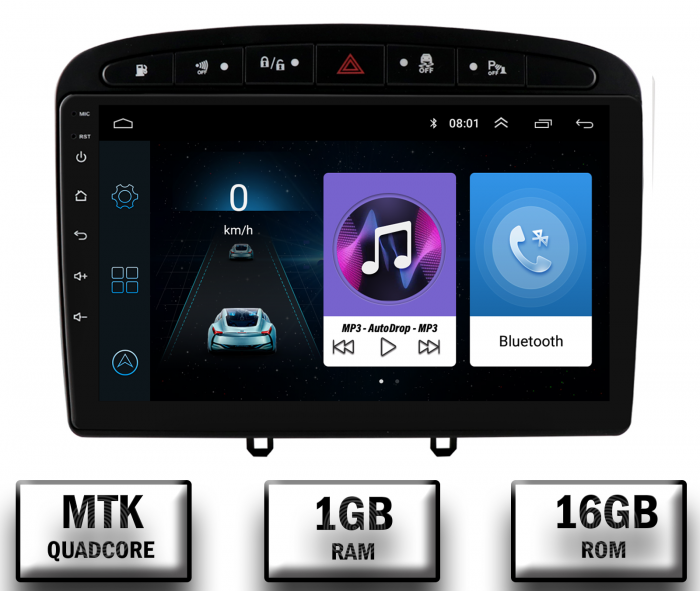 Navigatie Peugeot 308 408 (2008-2013), Android 10, P-Quadcore 1GB RAM + 16GB ROM, 9 Inch - AD-BGP9001+AD-BGRKIT265