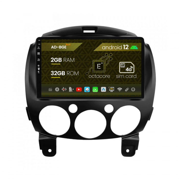 Navigatie Mazda 2 (2007-2014), Android 12, E-Octacore   2GB RAM + 32GB ROM, 9 Inch - AD-BGE9002+AD-BGRKIT325
