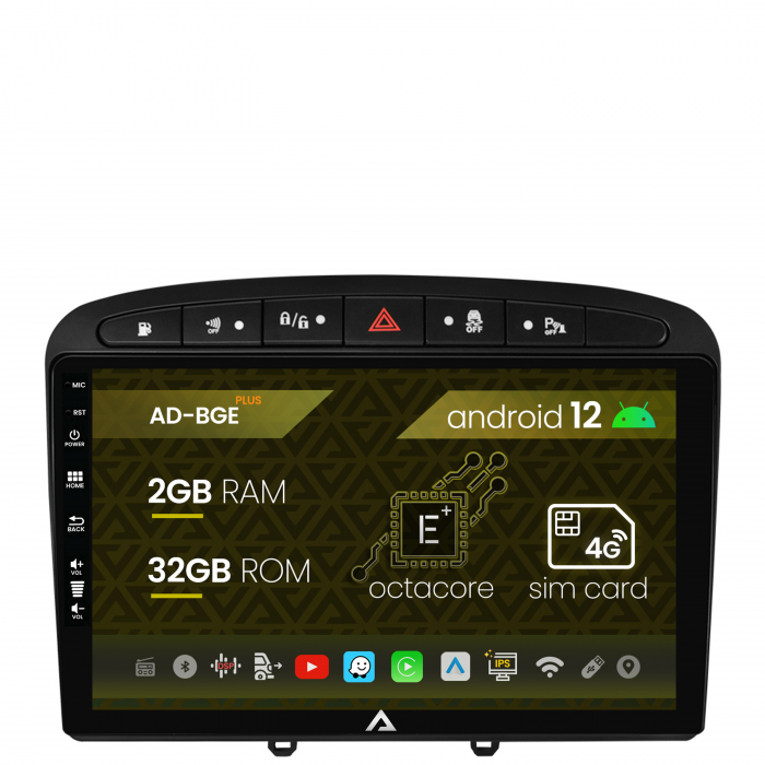 Navigatie Peugeot 308 408 (2008-2013), Android 12, E-Octacore 2GB RAM + 32GB ROM, 9 Inch - AD-BGE9002+AD-BGRKIT265