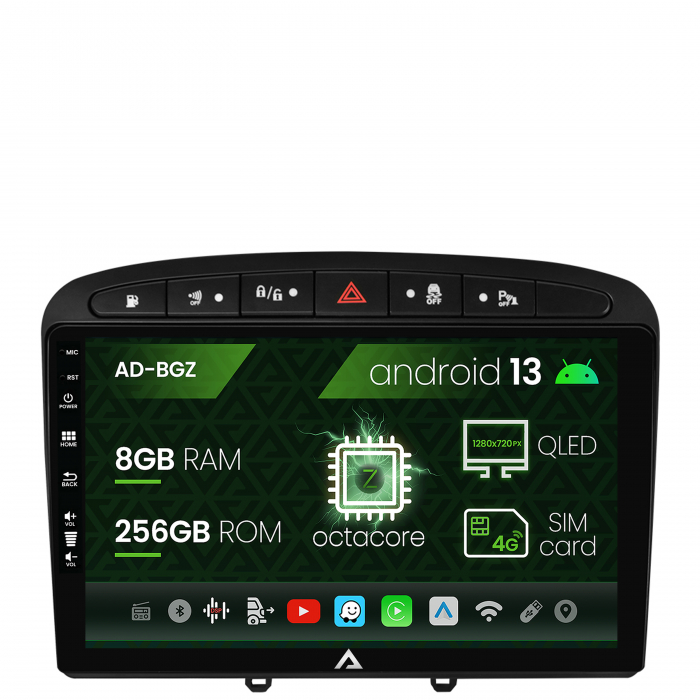 Navigatie Peugeot 308 408 (2008-2013), Android 13, Z-Octacore   8GB RAM + 256GB ROM, 9 Inch - AD-BGZ9008+AD-BGRKIT265