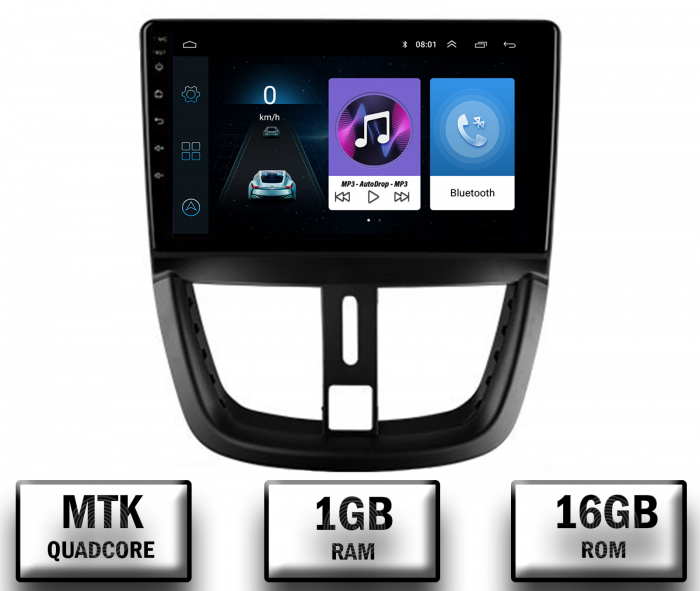 Navigatie Peugeot 207, Android 10, P-Quadcore 1GB RAM + 16GB ROM, 9 Inch - AD-BGP9001+AD-BGRKIT263