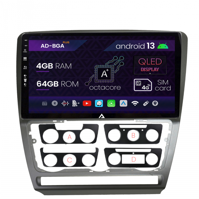 Navigatie Skoda Octavia 2, Android 13, A-Octacore   4GB RAM + 64GB ROM, 10.1 Inch - AD-BGA10004+AD-BGRKIT048