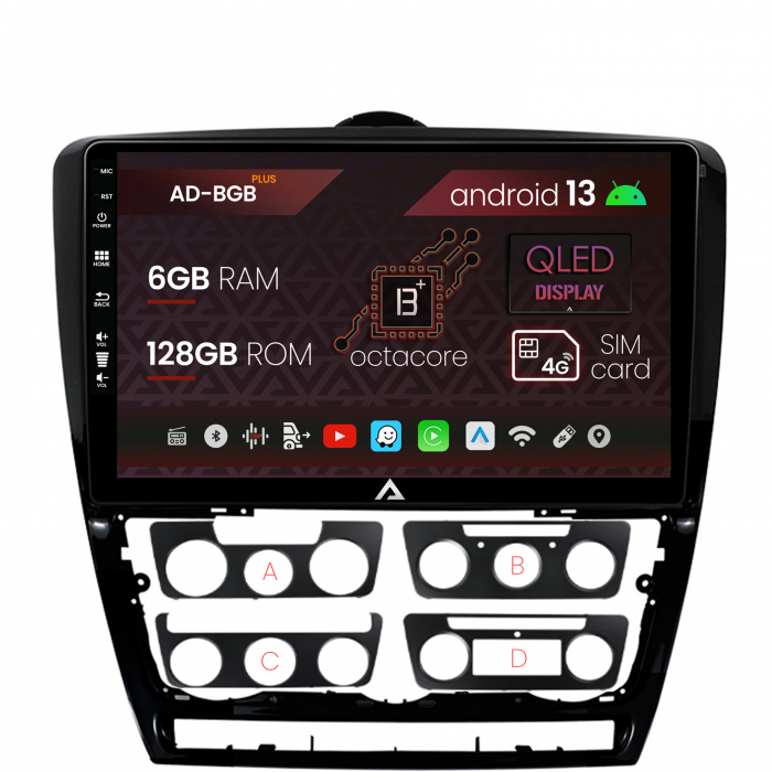 Navigatie Skoda Octavia 2, Android 13, B-Octacore 6GB RAM + 128GB ROM, 10.1 Inch - AD-BGB10006+AD-BGRKIT048v2