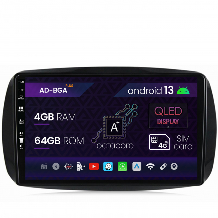 Navigatie Smart For Two (2016-Prezent), Android 13, A-Octacore 4GB RAM + 64GB ROM, 9 Inch - AD-BGA9004+AD-BGRKIT412