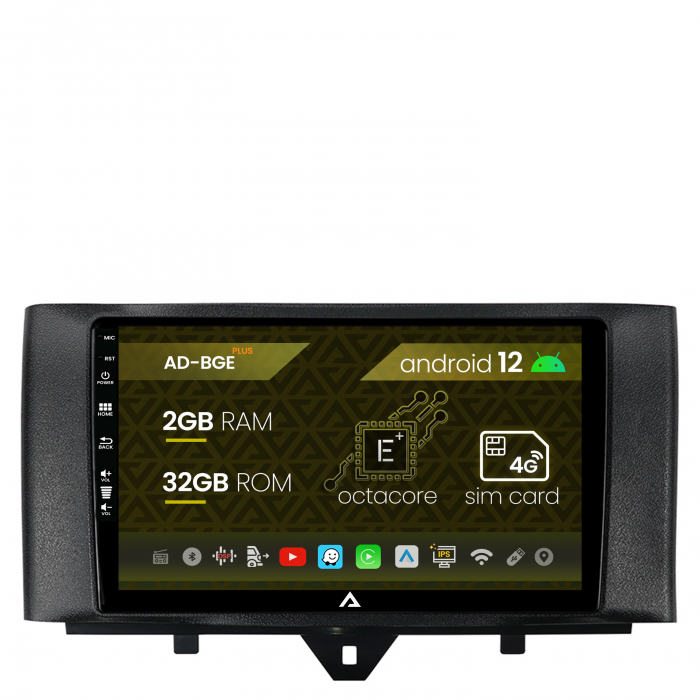 Navigatie Smart Fortwo (2010-2015), Android 12, E-Octacore 2GB RAM + 32GB ROM, 9 Inch - AD-BGE9002+AD-BGRKIT409