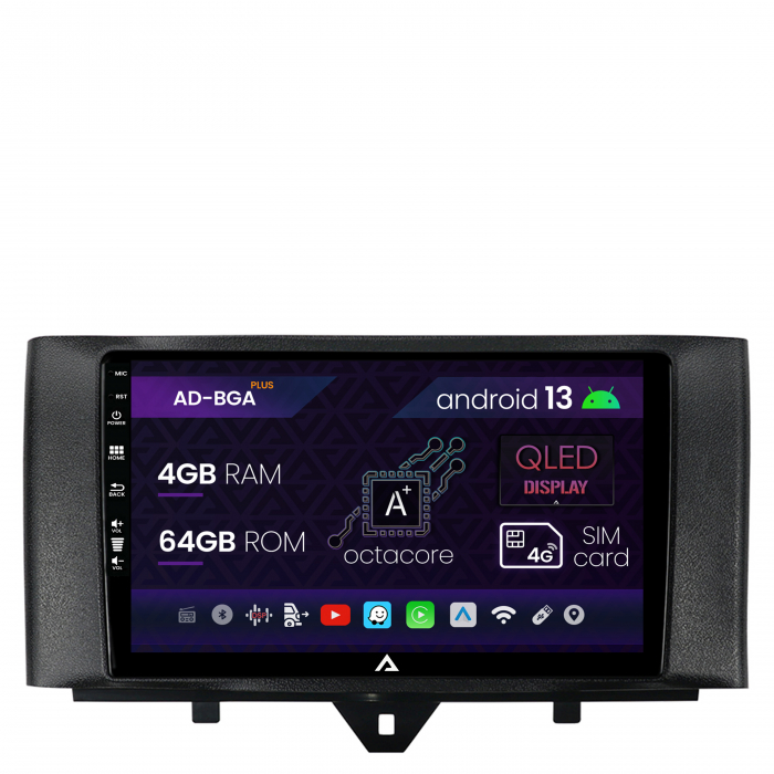 Navigatie Smart Fortwo (2010-2015), Android 13, A-Octacore 4GB RAM + 64GB ROM, 9 Inch - AD-BGA9004+AD-BGRKIT409