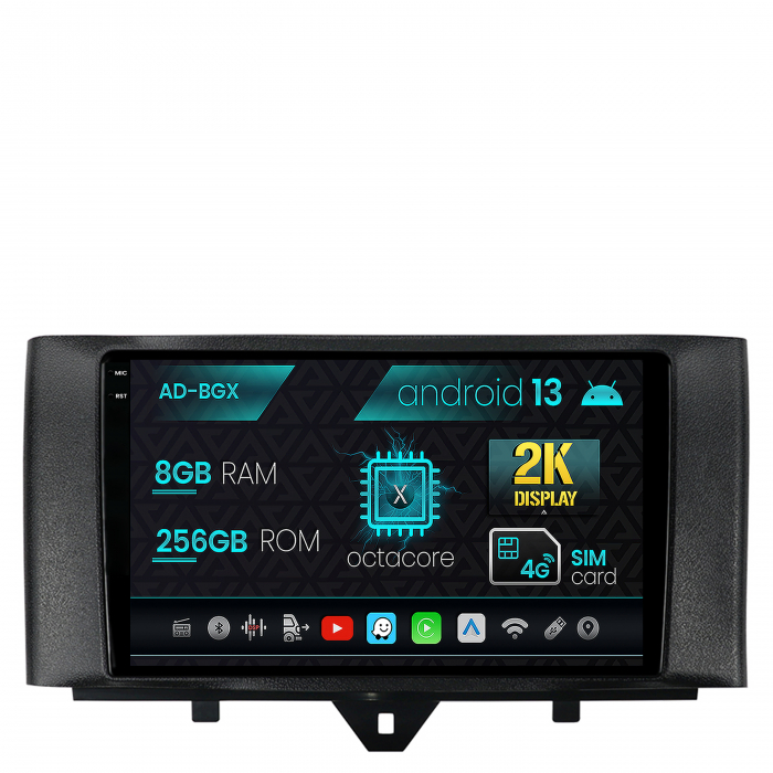 Navigatie Smart Fortwo (2010-2015), Android 13, X-Octacore   8GB RAM + 256GB ROM, 9.5 Inch - AD-BGX9008+AD-BGRKIT409