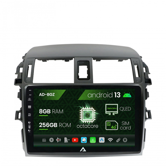 Navigatie Toyota Corolla (2007-2013), Android 13, Z-Octacore   8GB RAM + 256GB ROM, 9 Inch - AD-BGZ9008+AD-BGRKIT067