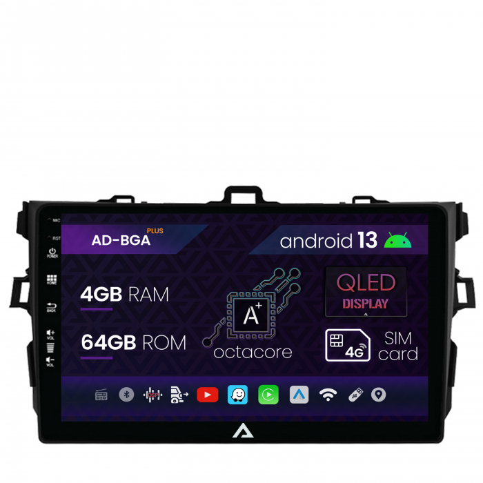 Navigatie Toyota Corolla (2007-2013), Android 13, A-Octacore   4GB RAM + 64GB ROM, 9 Inch - AD-BGA9004+AD-BGRKIT091