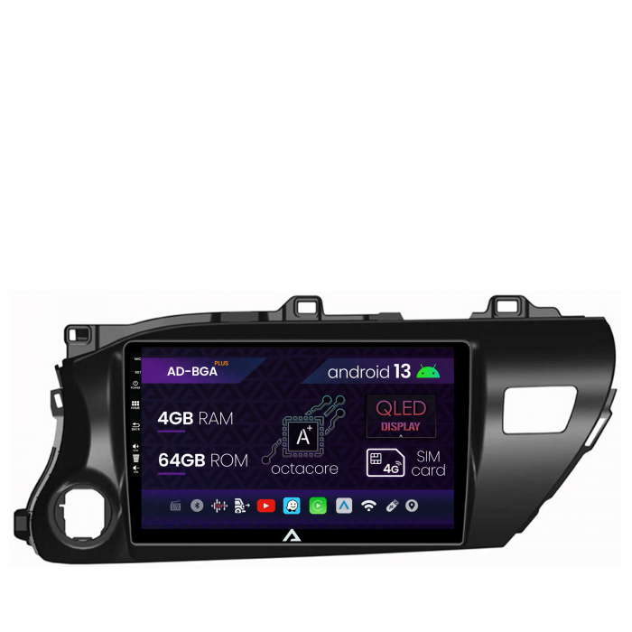 Navigatie Toyota Hilux (2015+), Android 13, A-Octacore 4GB RAM + 64GB ROM, 10.1 Inch - AD-BGA10004+AD-BGRKIT086