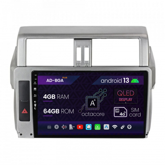 Navigatie Toyota Land Cruiser Prado J150 (2014-2016), Android 13, A-Octacore 4GB RAM + 64GB ROM, 10.1 Inch - AD-BGA10004+AD-BGRKIT061