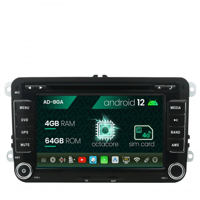 Navigatie Volkswagen, Skoda, Seat, Android 13, A-Octacore 4GB RAM + 64GB ROM, 7 Inch cu DVD - AD-BGAVW7AC