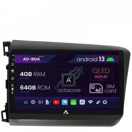 Navigații auto dedicate - Navigatie Honda Civic (2012-2015), Android 13, A-Octacore / 4GB RAM + 64GB ROM, 9 Inch - AD-BGA9004+AD-BGRKIT007