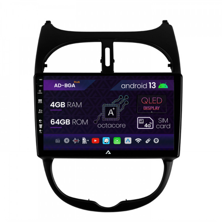 206 (1998-2006) - Navigatie Peugeot 206 (1998-2012), Android 13, A-Octacore / 4GB RAM + 64GB ROM, 9 Inch - AD-BGA9004+AD-BGRKIT262
