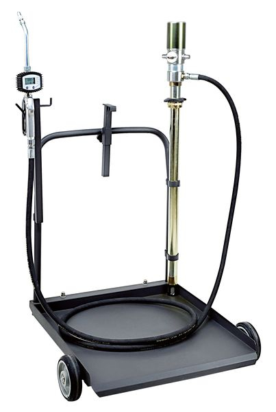 Aparat gresare pentru galeti/butoaie 180-220l, ulei pneumatic cu un randament de 3-1, un pistol cu un contor de debit, furtun ulei de 4m, carucior pentru butoi [1]