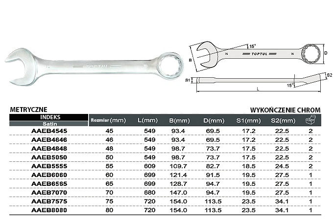 Cheie cleste combinat, 15 °, dimensiune metrica: 70 mm, marime : 70, lungime: 680mm, final: satin cromat [3]