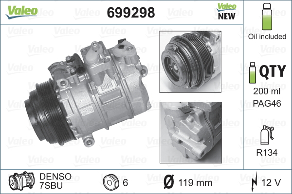 Compresor AC clima Mercedes Clasa C T-MODEL (S202), C (W202), CLK (A208), CLK (C208), E T-MODEL (S210), E (W210), G (W460), G (W463), M (W163), S (C140), S (W140), SLK (R170) 1.8-5.4 intre 1979-2006 [1]