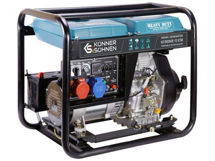 Generator, tip: Diesel 400V, putere motor 14 HP, putere maxima: 6,5kW, curent nominal: 20,8A, stecher: 1x16A (400V), 1x32A (230V); pornire: electric/manual [1]