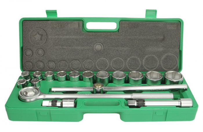 Set scule 3 / 4 17 piese in cutie plastic, cheie cu clichet 2 x prelungitoare, adaptoare 6-pt: 19,21,22,23,24,27,30,32,36,38,41, 46.50 mm [3]