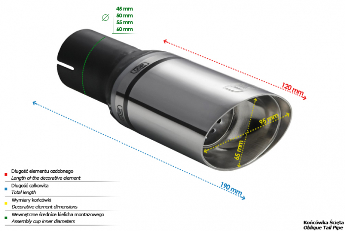Teava evacuare sport esapament rotund otel inoxidabil oval 95x65mm, lungime element decorativ 120mm, diametru montaj 50mm [3]