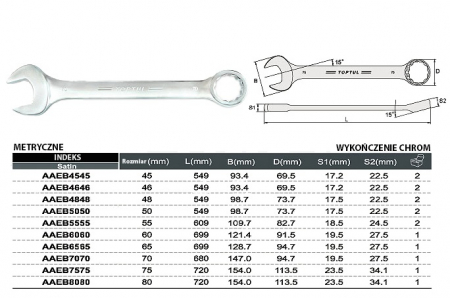 Cheie cleste combinat, 15 °, dimensiune metrica: 70 mm, marime : 70, lungime: 680mm, final: satin cromat [2]