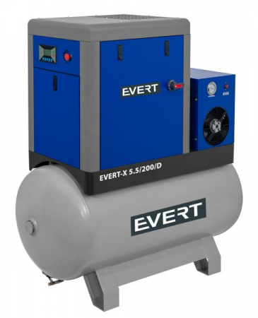 Compresoare pneumatice - Compresor cu surub EVERT serie X, 5,5 kW 400V 10 bar, eficienta: 690l/min., rezervor: 200L, uscator aer