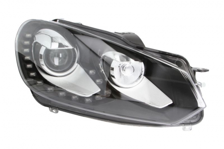 Piese Auto - Far dreapta (D1S, reglaj electric, cu motoras, fundal negru/insertii crom, Lumini de zi LED) VW GOLF VI 2008-2012