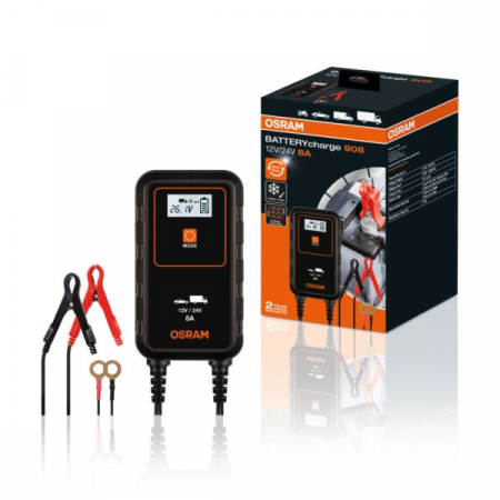 Service acumulatori - Incarcator baterii, voltaj incarcare: 12/24 V OSRAM, curent schimbat: 8A, alimentare electrica: 230V, tip baterie: AGM/Li-Ion/VRLA, cu iluminarea zonei din spatele mașinii