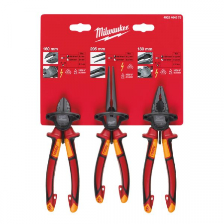 Echipamente pentru atelier - Set 3 VDE Milwaukee, 1 x clește cu tăiș lateral (160 mm), 1 x clește cu vârf lung (205 mm), 1 x clește combinat (180 mm)