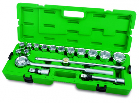 Chei tubulare - Set scule 3 / 4 17 piese in cutie plastic, cheie cu clichet 2 x prelungitoare, adaptoare 6-pt: 19,21,22,23,24,27,30,32,36,38,41, 46.50 mm