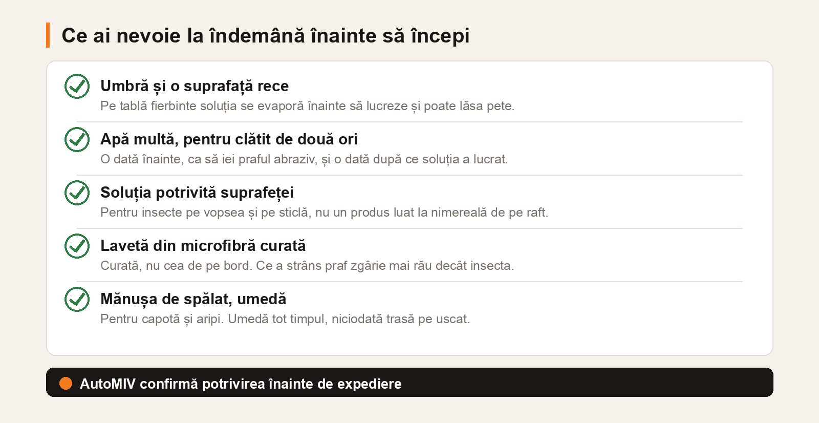 Listă cu cele cinci lucruri de pregătit înainte de a curăța insectele: umbră, apă, soluția potrivită, lavetă de microfibră curată și mănușă de spălat