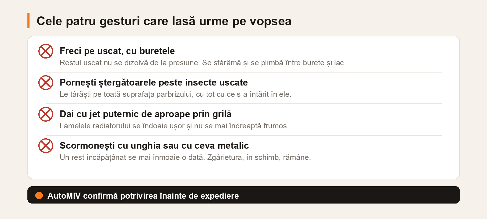 Cele patru gesturi de evitat când scoți insectele: frecatul pe uscat, ștergătoarele pornite peste insecte uscate, jetul puternic prin grilă și scormonitul cu obiecte metalice