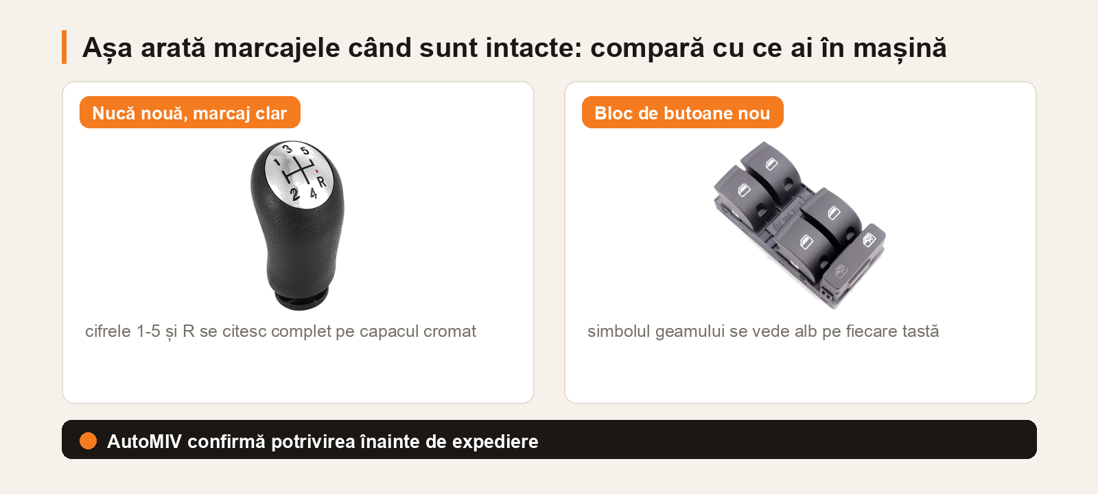 Două piese noi din catalogul AutoMIV: o nucă de schimbător cu cifrele 1-5 și R lizibile pe capacul cromat și un bloc de butoane de geam cu simbolul geamului alb pe fiecare tastă