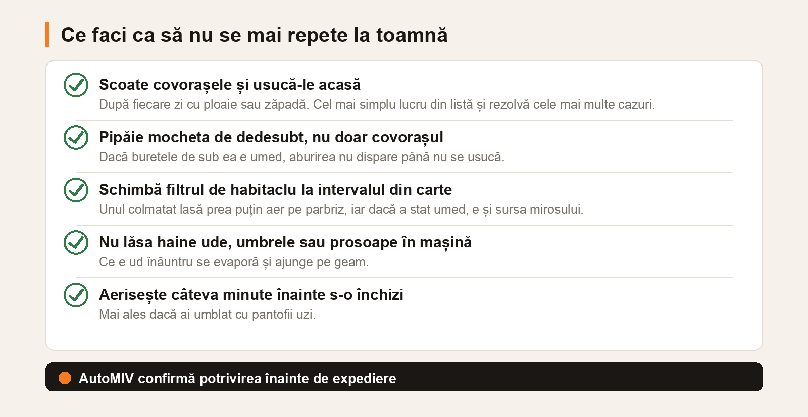 Cinci obiceiuri care previn aburirea: uscarea covorașelor acasă, verificarea mochetei de dedesubt, schimbarea filtrului de habitaclu, scoaterea hainelor ude și aerisirea mașinii