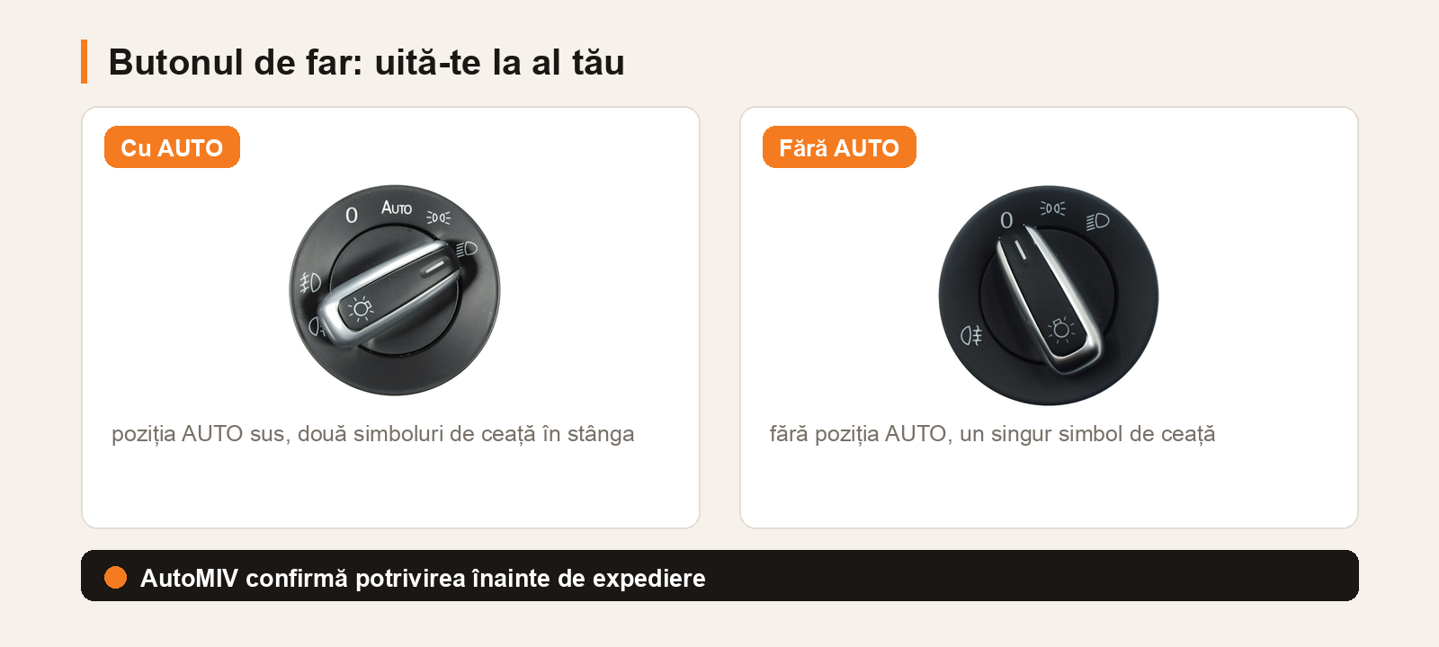 Comparație între butonul de far VW cu poziția AUTO și două simboluri de ceață și butonul fără AUTO, cu un singur simbol de ceață