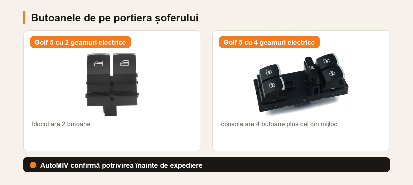 Comparație între blocul de butoane de geam cu 2 butoane pentru Golf 5 cu 2 geamuri electrice și consola cu 4 butoane pentru Golf 5 cu 4 geamuri electrice