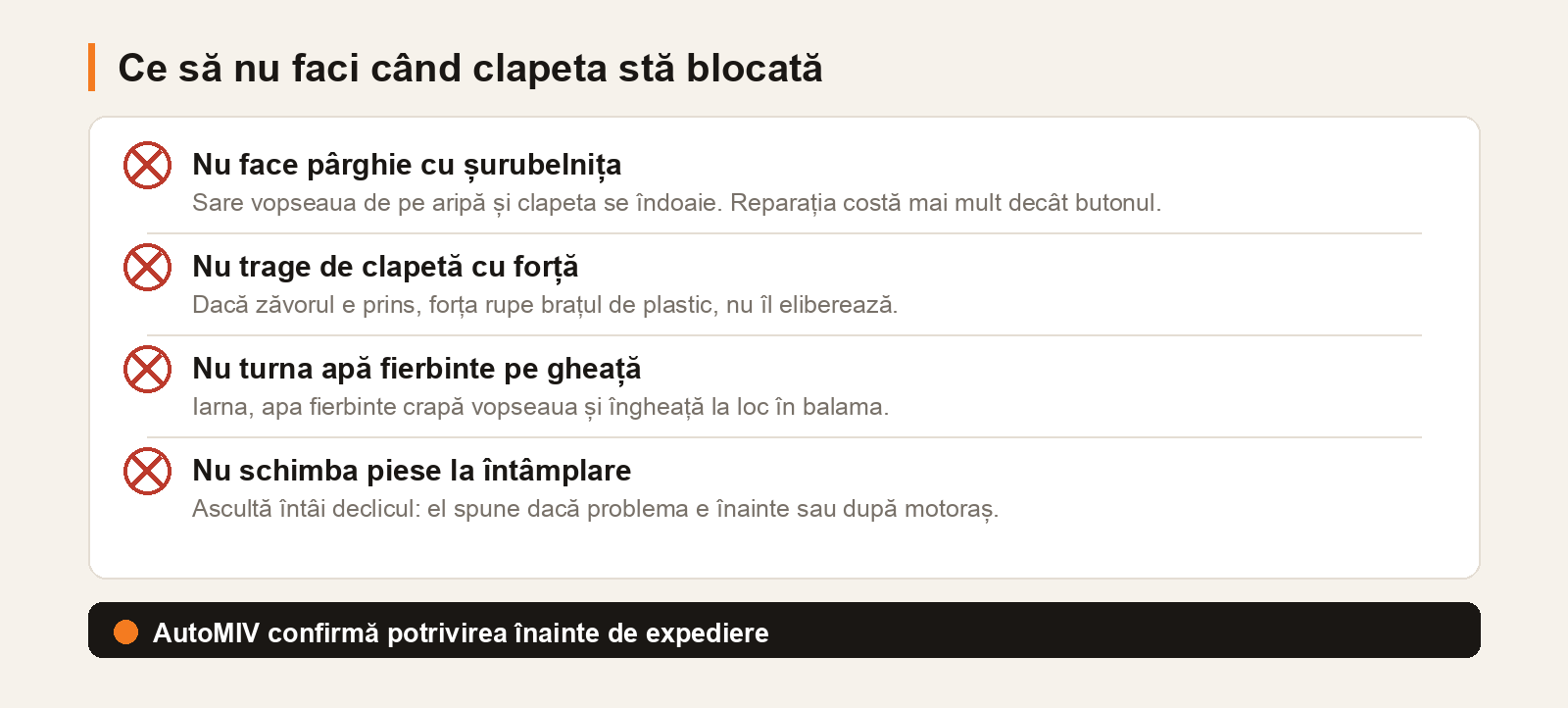 Panou cu patru lucruri de evitat când clapeta de rezervor nu se deschide: pârghie cu șurubelnița, tras cu forță, apă fierbinte pe gheață, schimbat piese la întâmplare