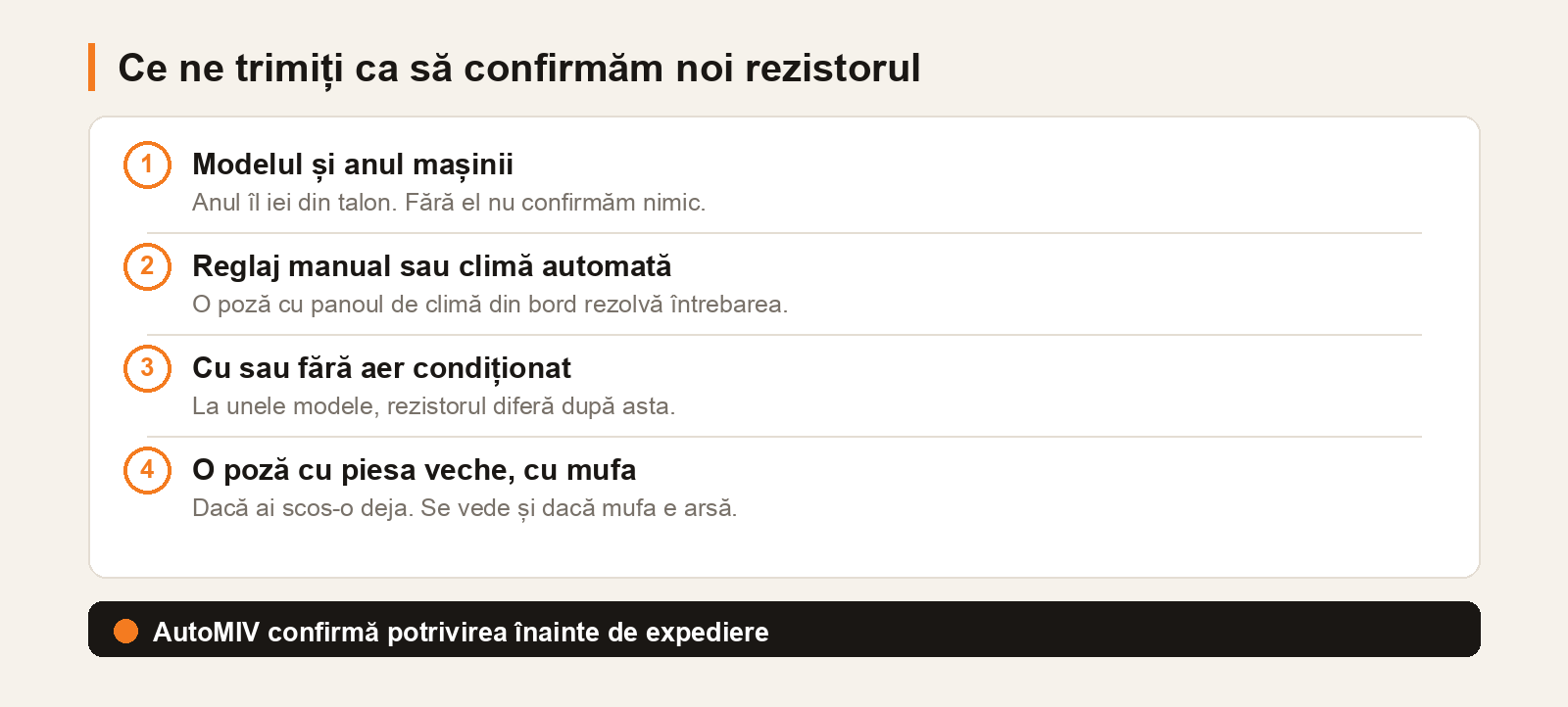 Ce ne trimiți pe WhatsApp ca să confirmăm rezistorul: modelul și anul, reglaj manual sau climă automată, cu sau fără aer condiționat, poza piesei vechi cu mufa