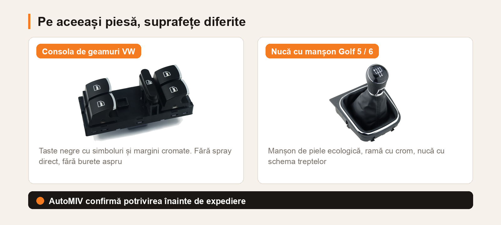 Consolă de geamuri VW cu taste negre, simboluri și margini cromate, alături de nuca de schimbător Golf 5 și Golf 6 cu manșon de piele ecologică și ramă cromată