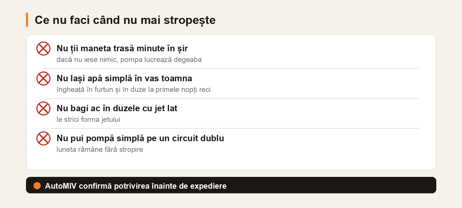 Ce nu faci când nu mai stropește la parbriz: nu ții maneta trasă minute în șir, nu lași apă simplă în vas toamna, nu bagi ac în duzele cu jet lat, nu pui pompă simplă pe un circuit dublu