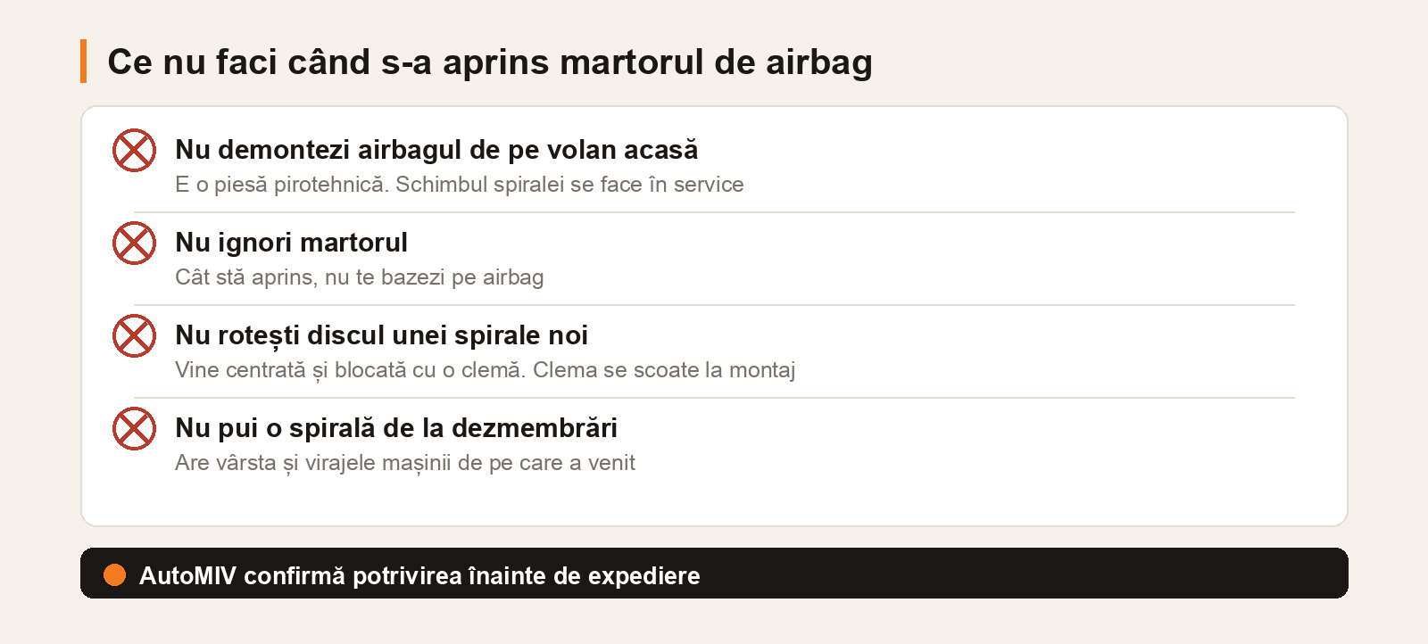 Ce nu faci când s-a aprins martorul de airbag: nu demontezi airbagul acasă, nu ignori martorul, nu rotești discul unei spirale noi, nu pui o spirală de la dezmembrări