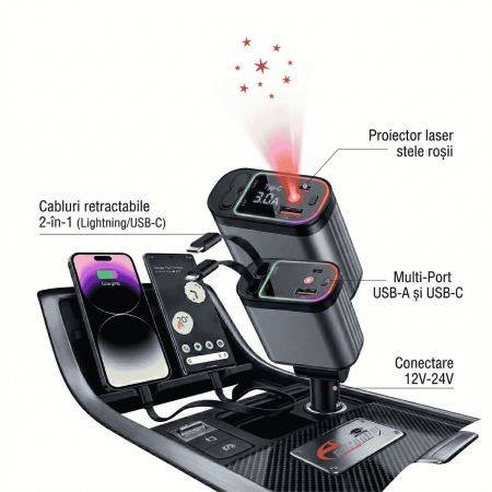 Incarcator Auto Retractabil 4 in 1 cu Proiectie Stele pe Plafon [2]