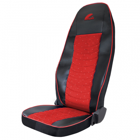 Huse Scaune Auto - SET HUSE SCAUN TRUCK UMBRELLA PENTRU VOLVO EURO 5 PIELE ECOLOGICA NEAGRA + VELVET ROSU