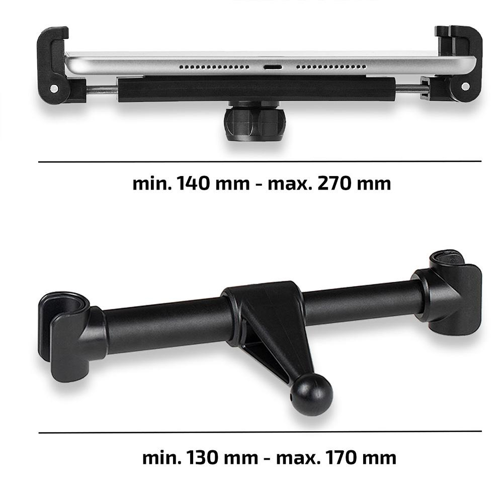 Suport Auto pentru Tabletă cu Prindere în Tetieră Heyner - Reglabil 140-270 mm, Rotire 360