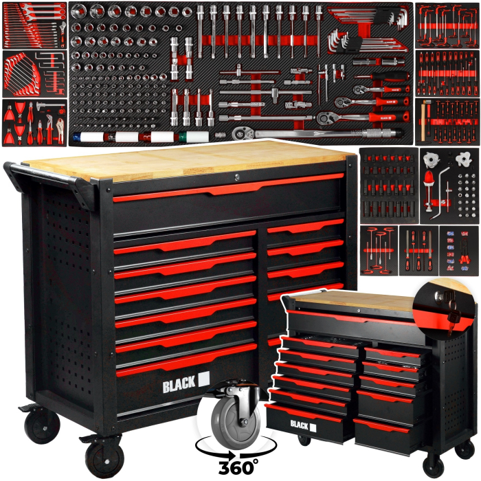 Banc de lucru cu sertare BLACK, 542 piese, dulap dublu 12 sertare, blat lemn si inchidere centralizata BK10504 [3]