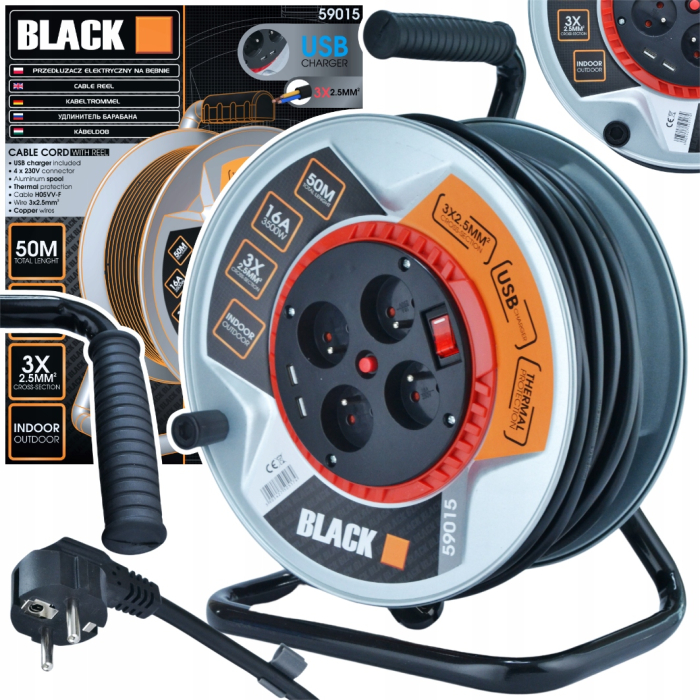 Cablu prelungitor cu rola metalica solida 4 prize lungime 50m 3x2.5mm [4]