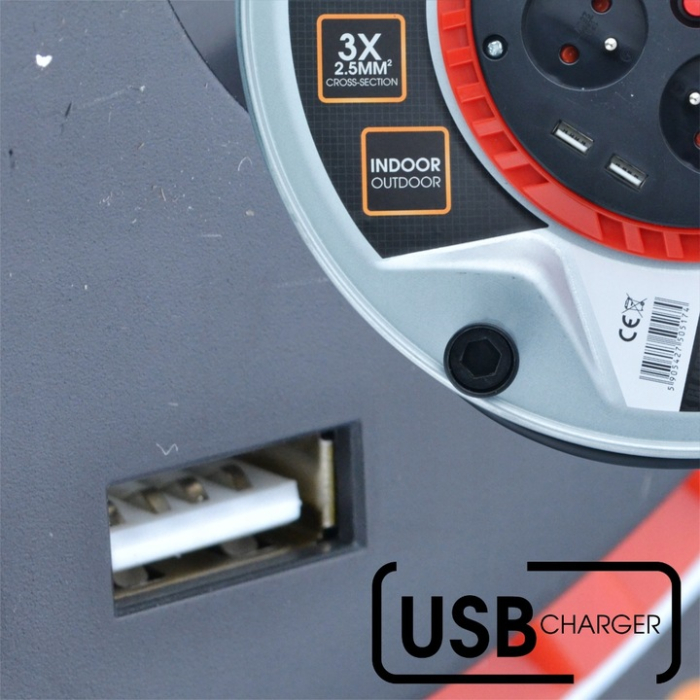 Prelungitor Profesional pe Tambur METALIC, 50m, 3x2.5mm², 4 Prize IP44 + 2x USB, [5]