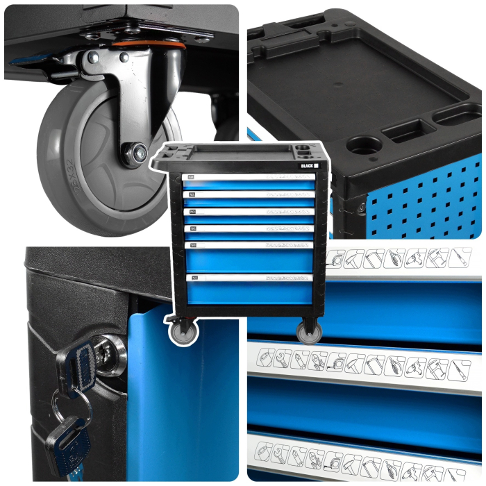 Carucior de Scule Profesional BLACK - Complet Echipat, Dulap de Atelier Mobil cu 6 Sertare, Sistem de Inchidere Centralizata si Frana  BK10502 [4]