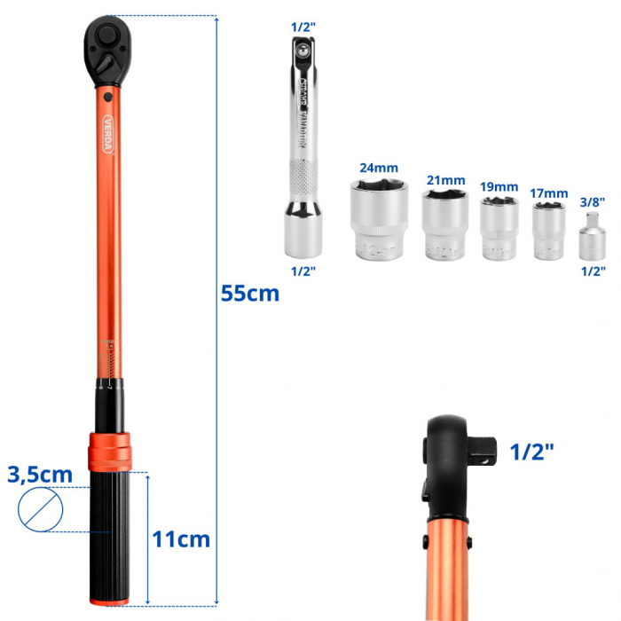 Cheie dinamometrica pentru roti 1/2" 40-220 Nm cu tubulare de 17, 19, 21, 24MM in valiza SN1738 [7]
